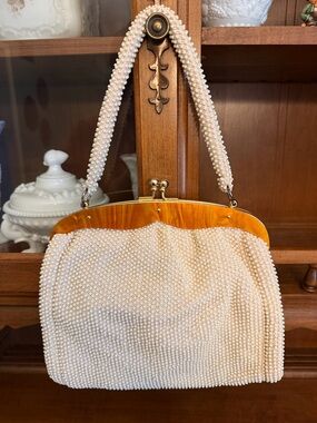 Vintage Corde Beaded Handbag Ivory Lucite Frame Kiss Lock Bridal Purse Hong Kong